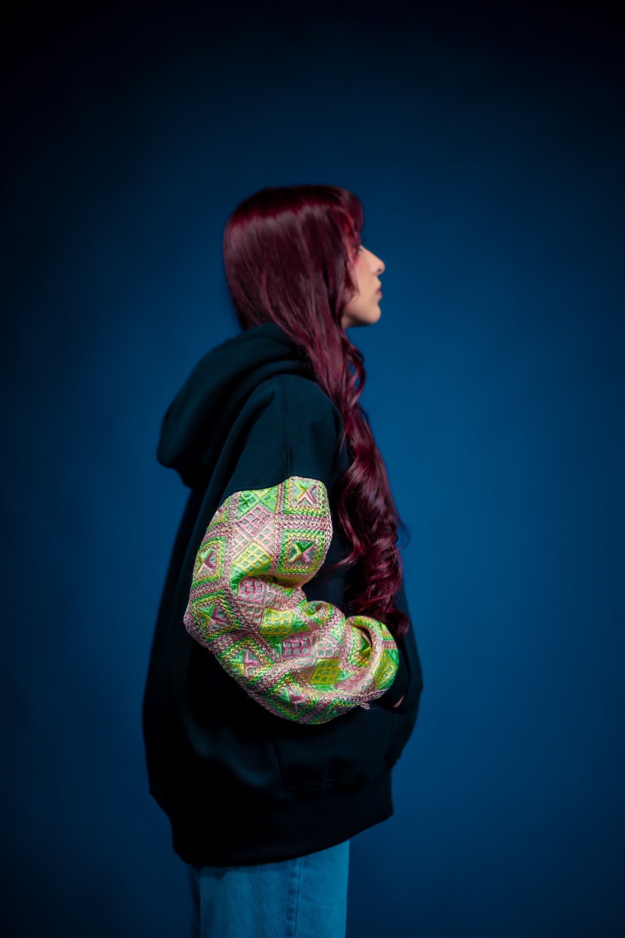 YOR Black 100% Heavyweight Cotton Phulkari hoodie featuring Hulk-inspired green Phulkari embroidery detailing color way on sleeves