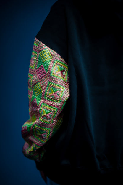 YOR Black 100% Heavyweight Cotton Phulkari hoodie featuring Hulk-inspired green Phulkari embroidery detailing color way on sleeves