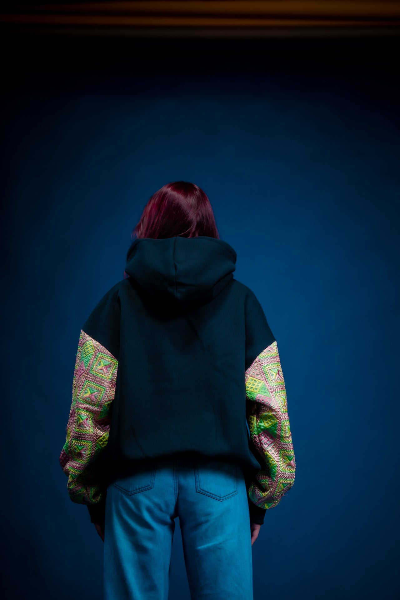 YOR Black 100% Heavyweight Cotton Phulkari hoodie featuring Hulk-inspired green Phulkari embroidery detailing color way on sleeves