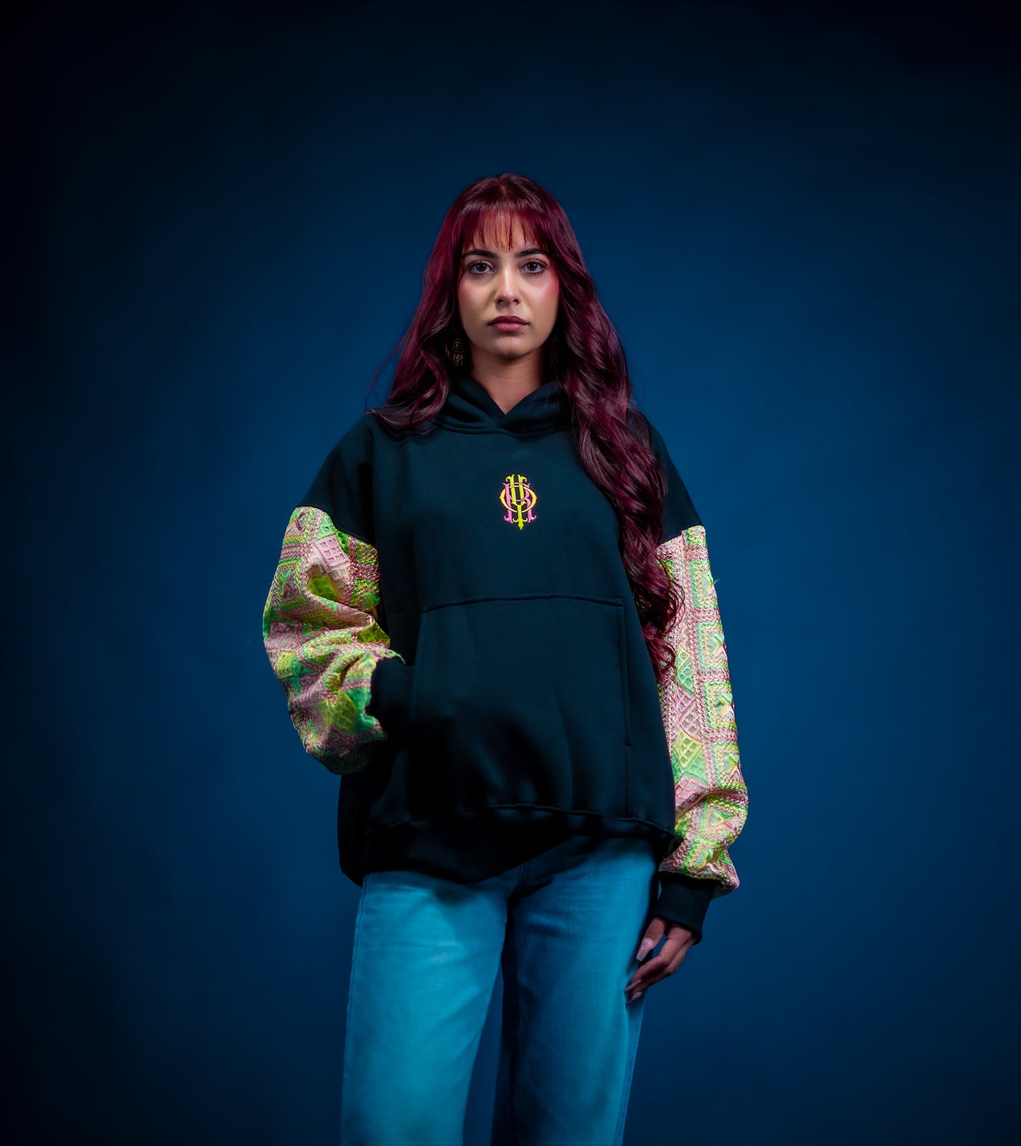 YOR Black 100% Heavyweight Cotton Phulkari hoodie featuring Hulk-inspired green Phulkari embroidery detailing color way on sleeves