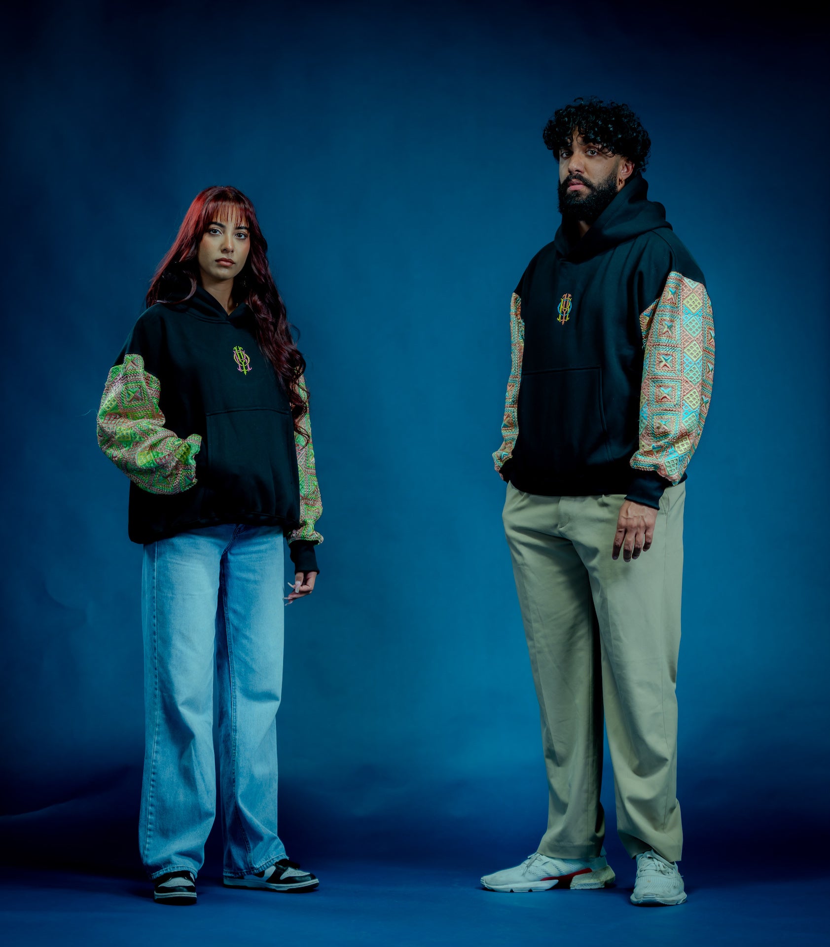 YOR Black 100% Heavyweight Cotton Phulkari hoodie featuring Hulk-inspired green Phulkari embroidery detailing color way on sleeves