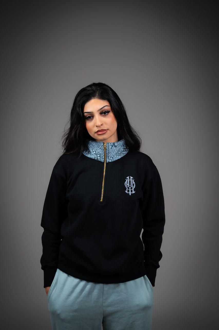 YOR Icy Grey Phulkari Quarter Zip with our heavyweight phulkari