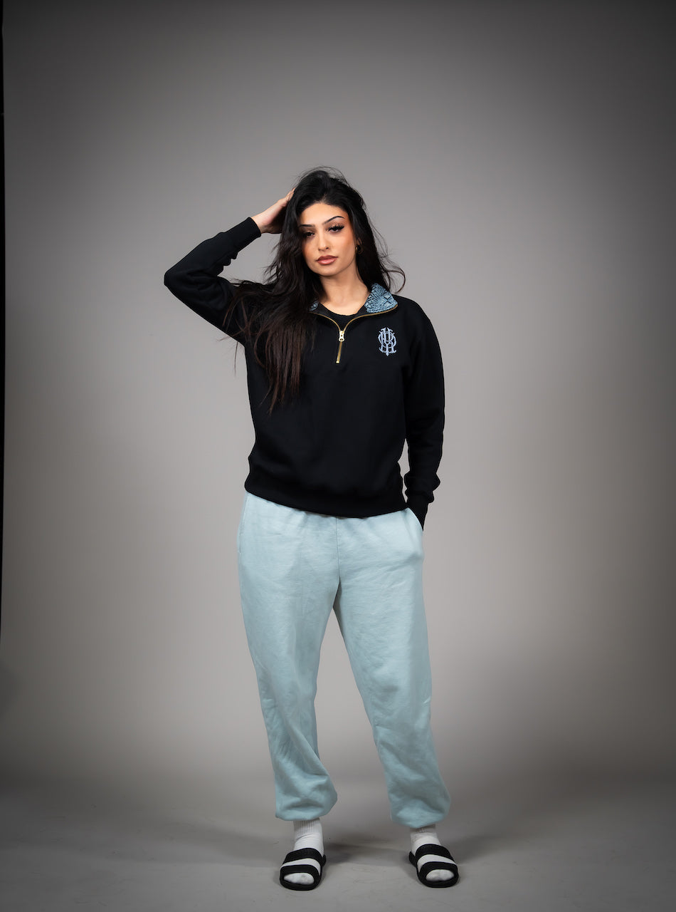 YOR Icy Grey Phulkari Quarter Zip with our heavyweight phulkari