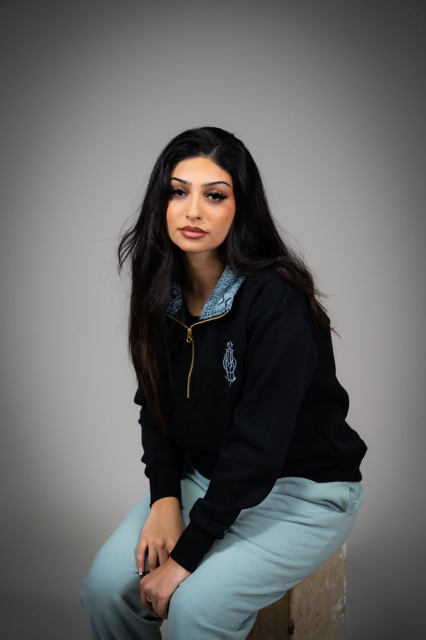 YOR Icy Grey Phulkari Quarter Zip with our heavyweight phulkari