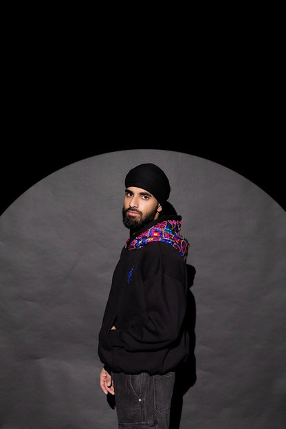 YOR OG Blue Phulkari Hoodie in black with our blue phulkari on the hood
