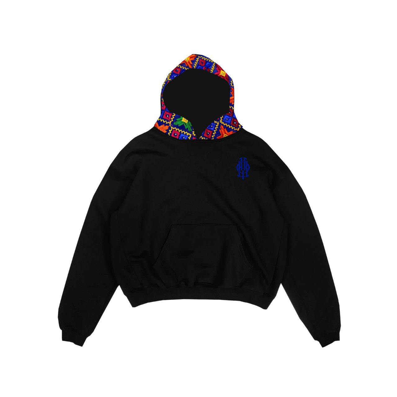 YOR OG Blue Phulkari Hoodie in black with our blue phulkari on the hood