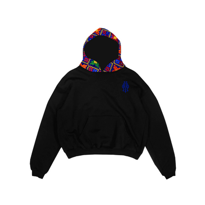 YOR OG Blue Phulkari Hoodie in black with our blue phulkari on the hood