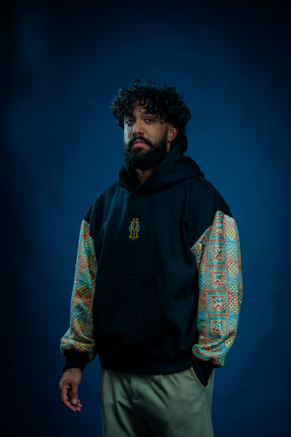 YOR Pastel Phulkari Hoodie in black featuring soft pastel colored phulkari