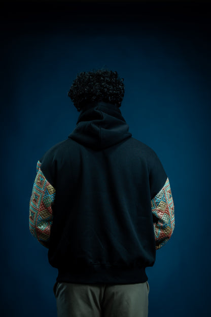 YOR Pastel Phulkari Hoodie in black featuring soft pastel colored phulkari on sleeves