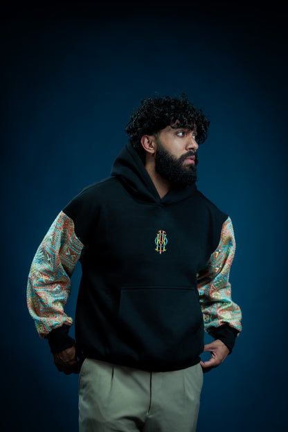 YOR Pastel Phulkari Hoodie in black featuring soft pastel colored phulkari on sleeves