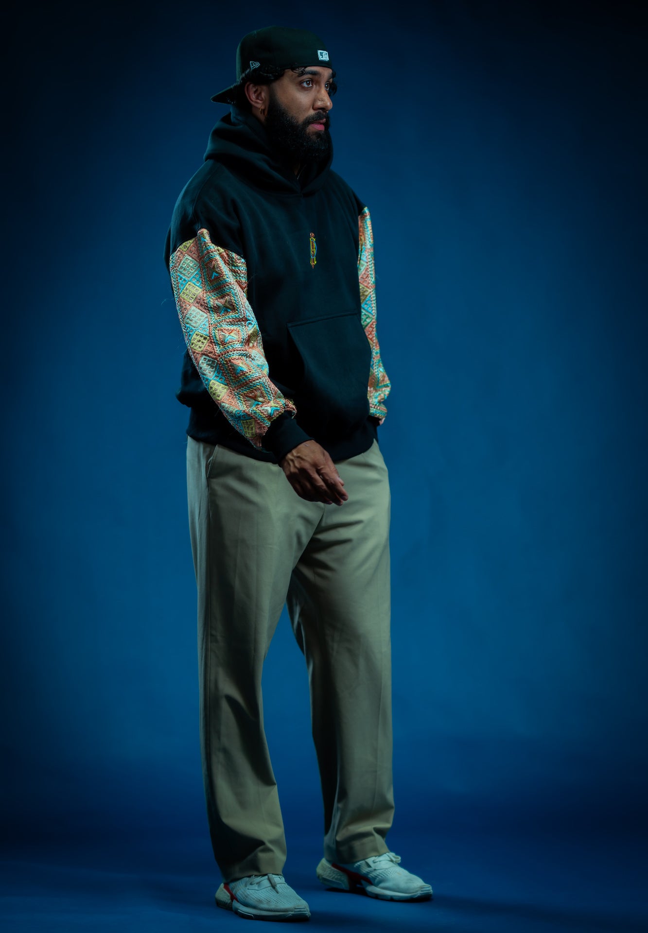 YOR Pastel Phulkari Hoodie in black featuring soft pastel colored phulkari on sleeves 