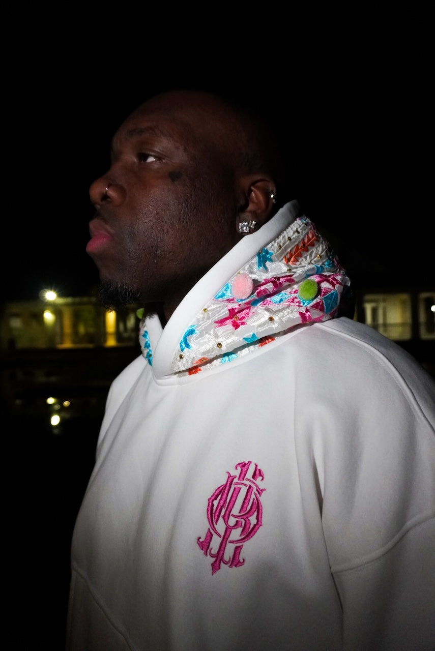 YOR Pastel Phulkari Hoodie in white with soft pastel colored embroidered phulkari