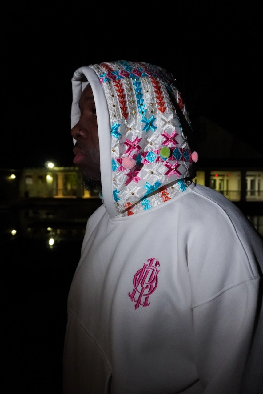 YOR Pastel Phulkari Hoodie in white with soft pastel colored embroidered phulkari