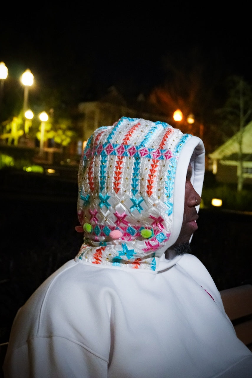YOR Pastel Phulkari Hoodie in white with soft pastel colored embroidered phulkari