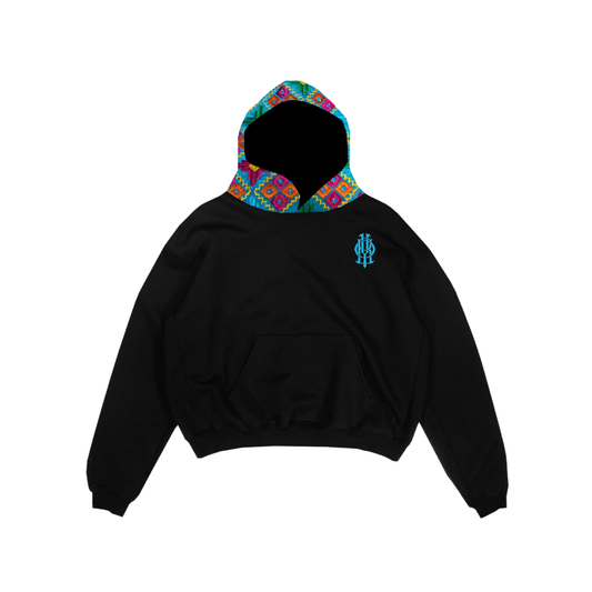 YOR Tiffany Phulkari Hoodie in black featuring our phulkari embroidery on hood