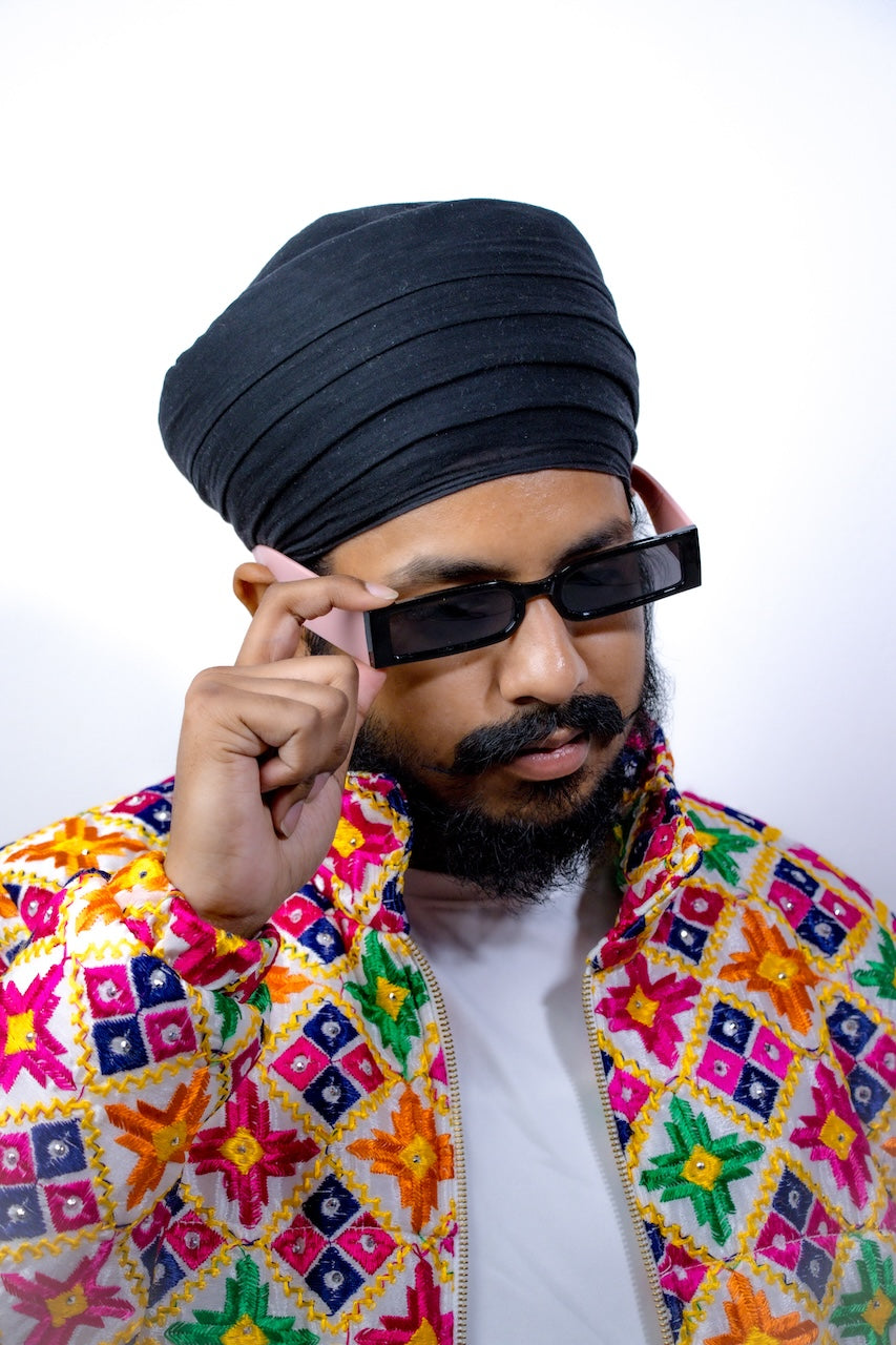 YOR Phulkari Puffer Jacket in white featuring our white phulkari