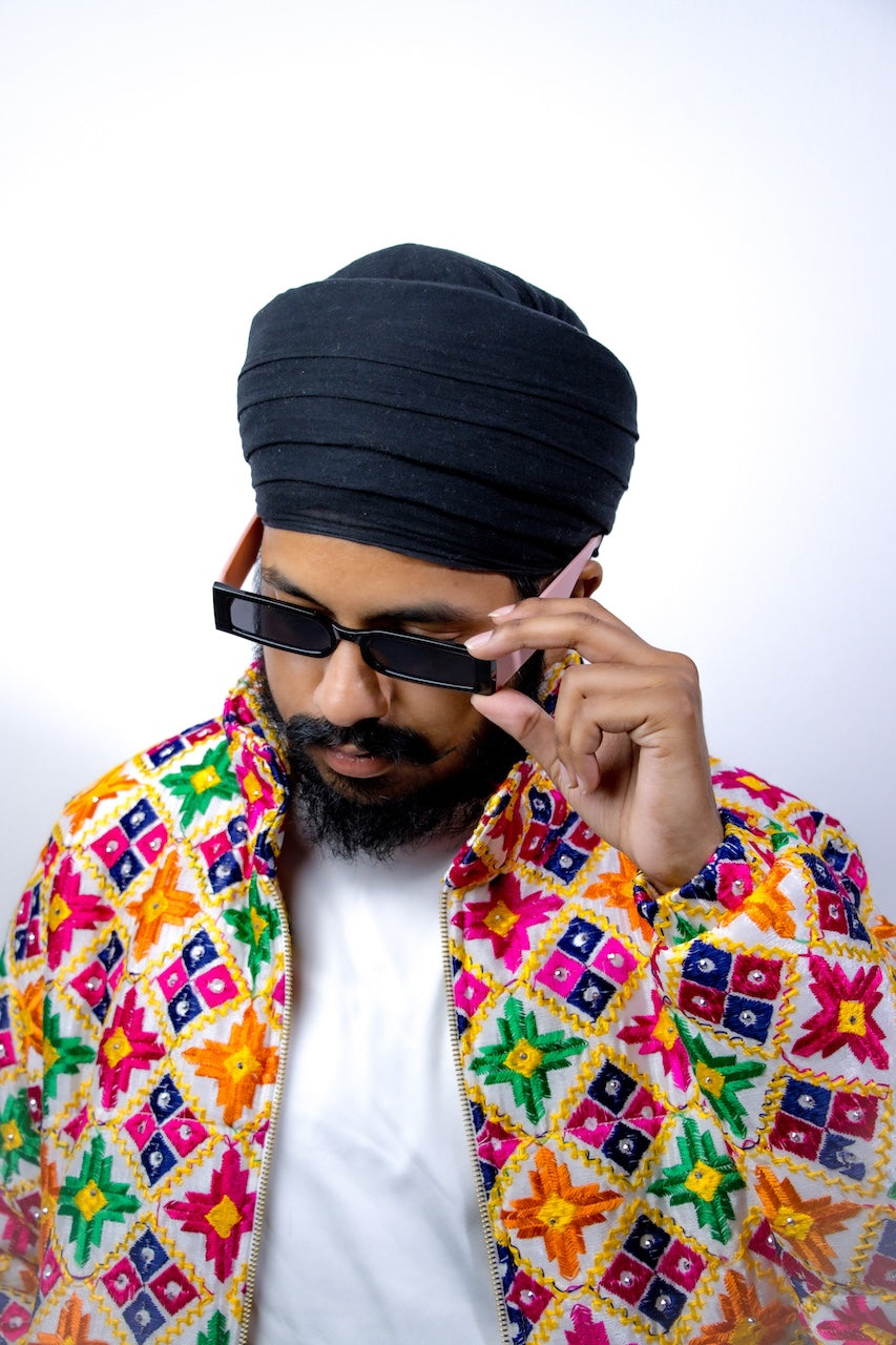 YOR Phulkari Puffer Jacket in white featuring our white phulkari