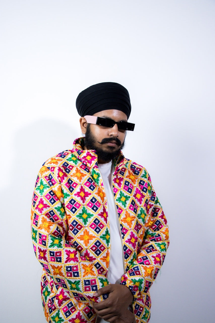 YOR Phulkari Puffer Jacket in white featuring our white phulkari