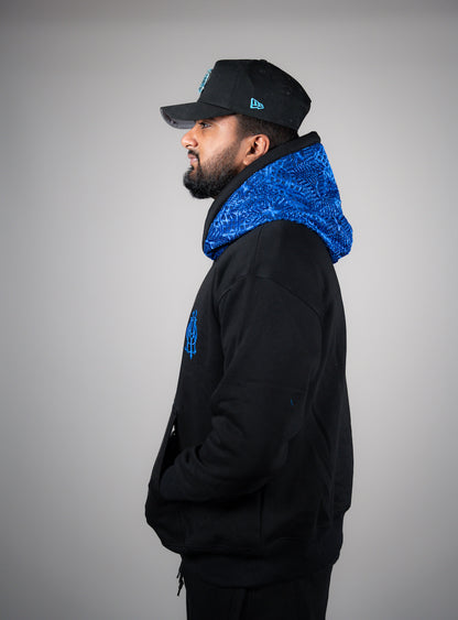 YOR® ROYAL BLUE PHULKARI HOODIE - BLACK (Ready To Ship)