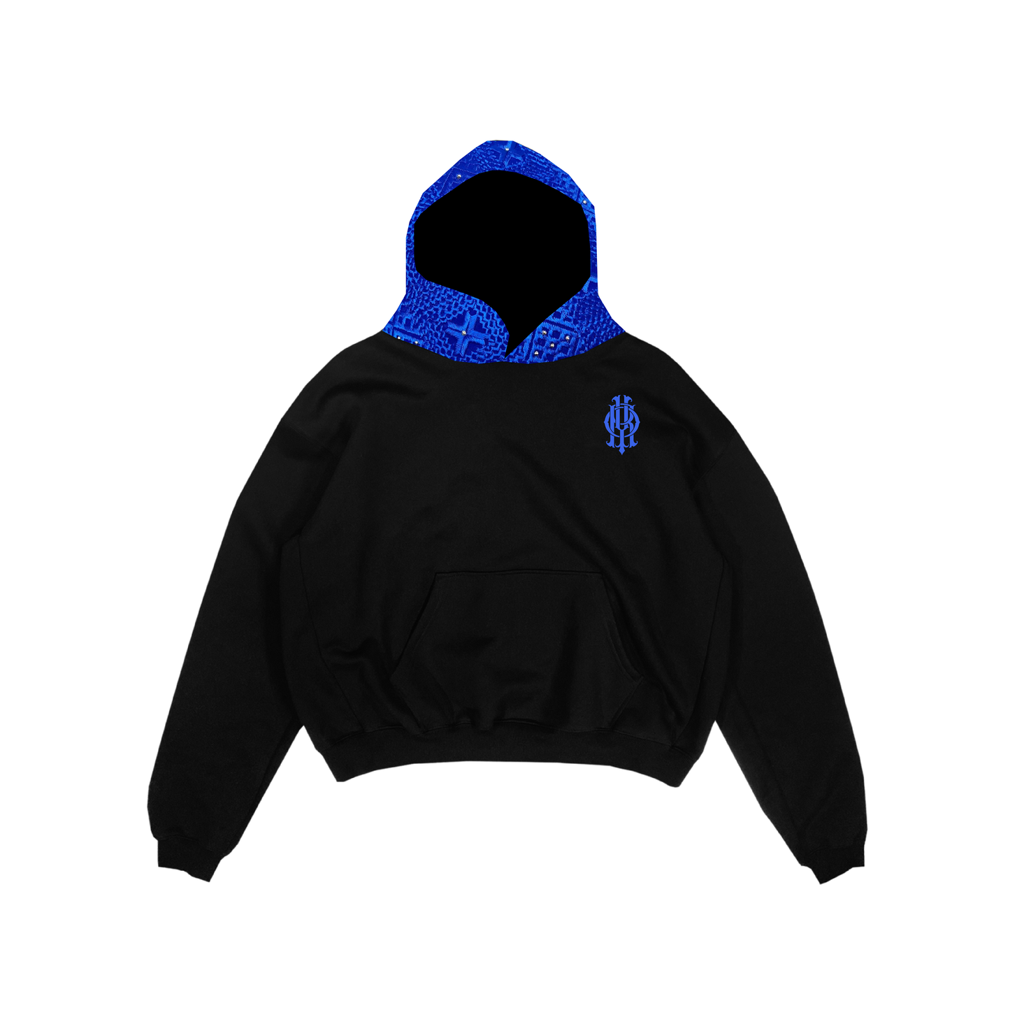 YOR® ROYAL BLUE PHULKARI HOODIE - BLACK